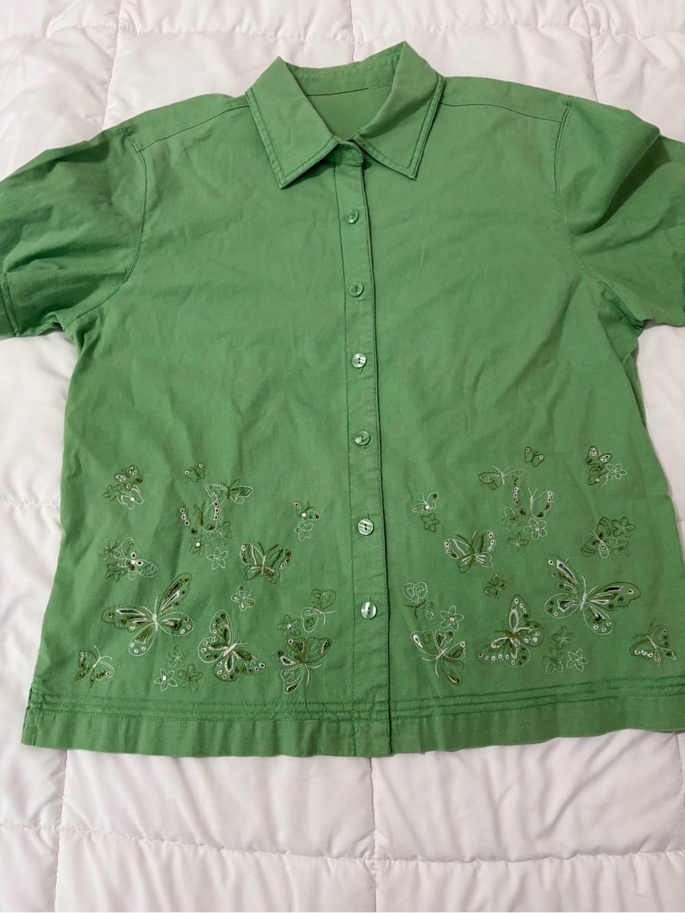 Vintage green linen blend Button-Up Top with Embroidered Butterflies